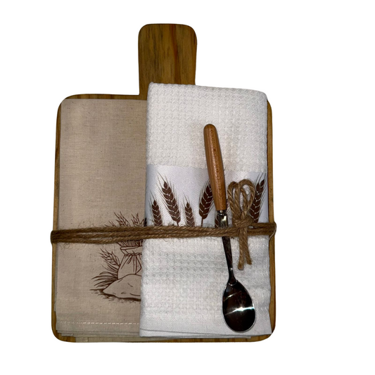 Wheat-Themed Wood Snack Board with Dishcloth