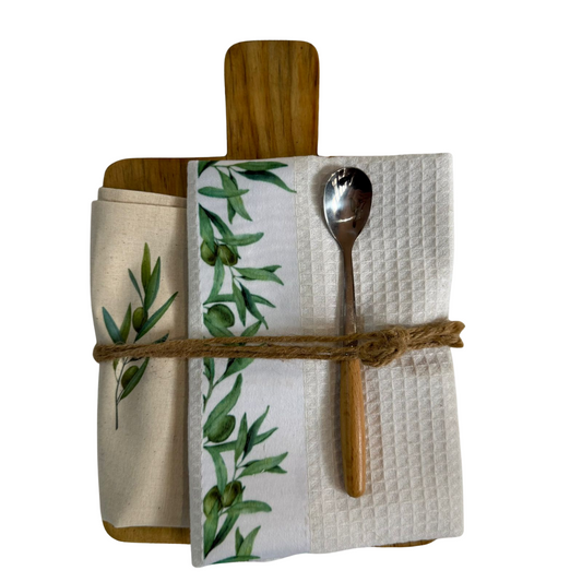 Olive-Themed Wood Snack Board with Dishcloth