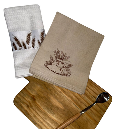 Wheat-Themed Wood Snack Board with Dishcloth